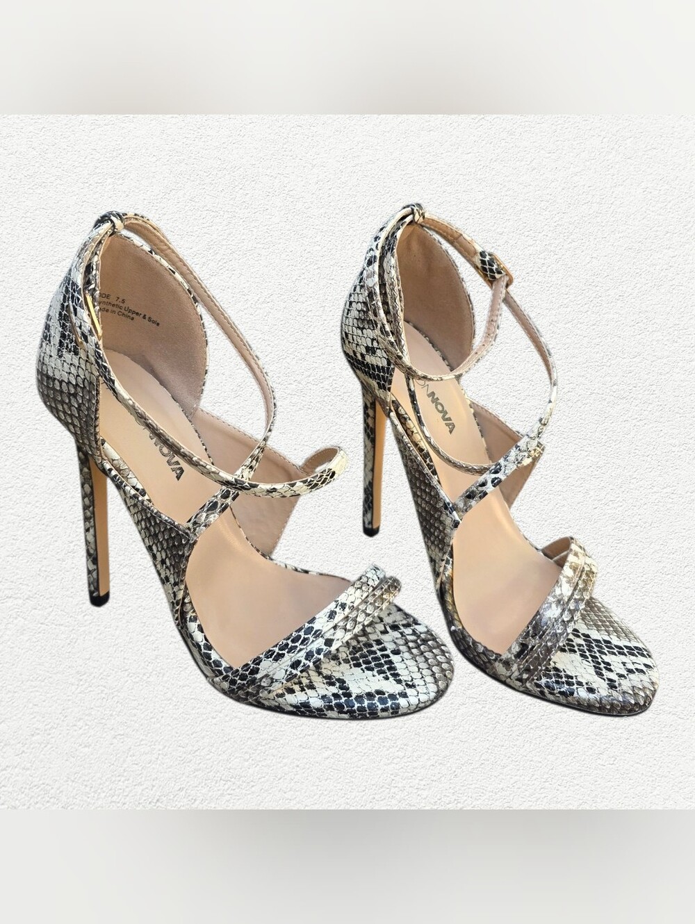 Fashion Nova Snake-Print Strappy High Heels - Black & Cream